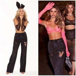 NWT Playboy High Rise Wide Leg Jeans Rhinestone Bunny Cut Out Sz 29